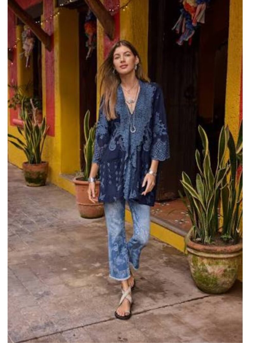 NWT JOHNNY WAS Kallia Kimono Lace Trim Cardigan in Blue Night Size M